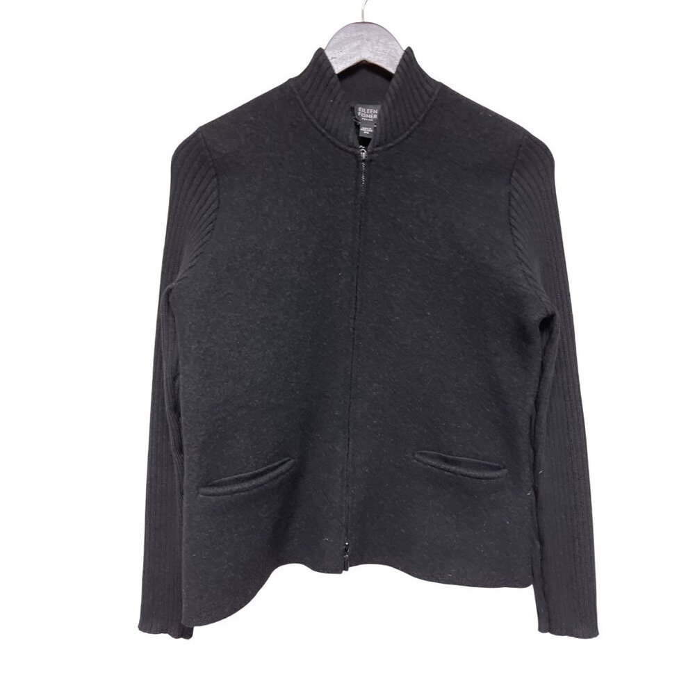 Eileen Fisher Women's Sweater Cardigan 100% Wool Black Two Way Zip Petite Small - Picture 5 of 9